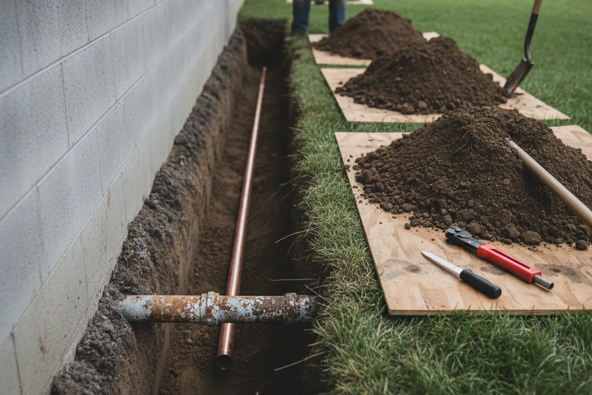 Excavated water line trench during Sewer Line Repair in West Coxsackie
